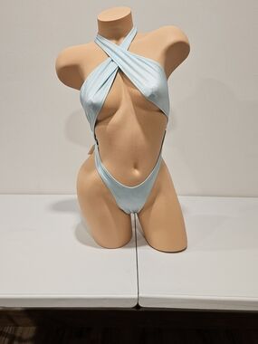 Light Blue Crisscross One-Piece Bodysuit/Swim/Dancewear